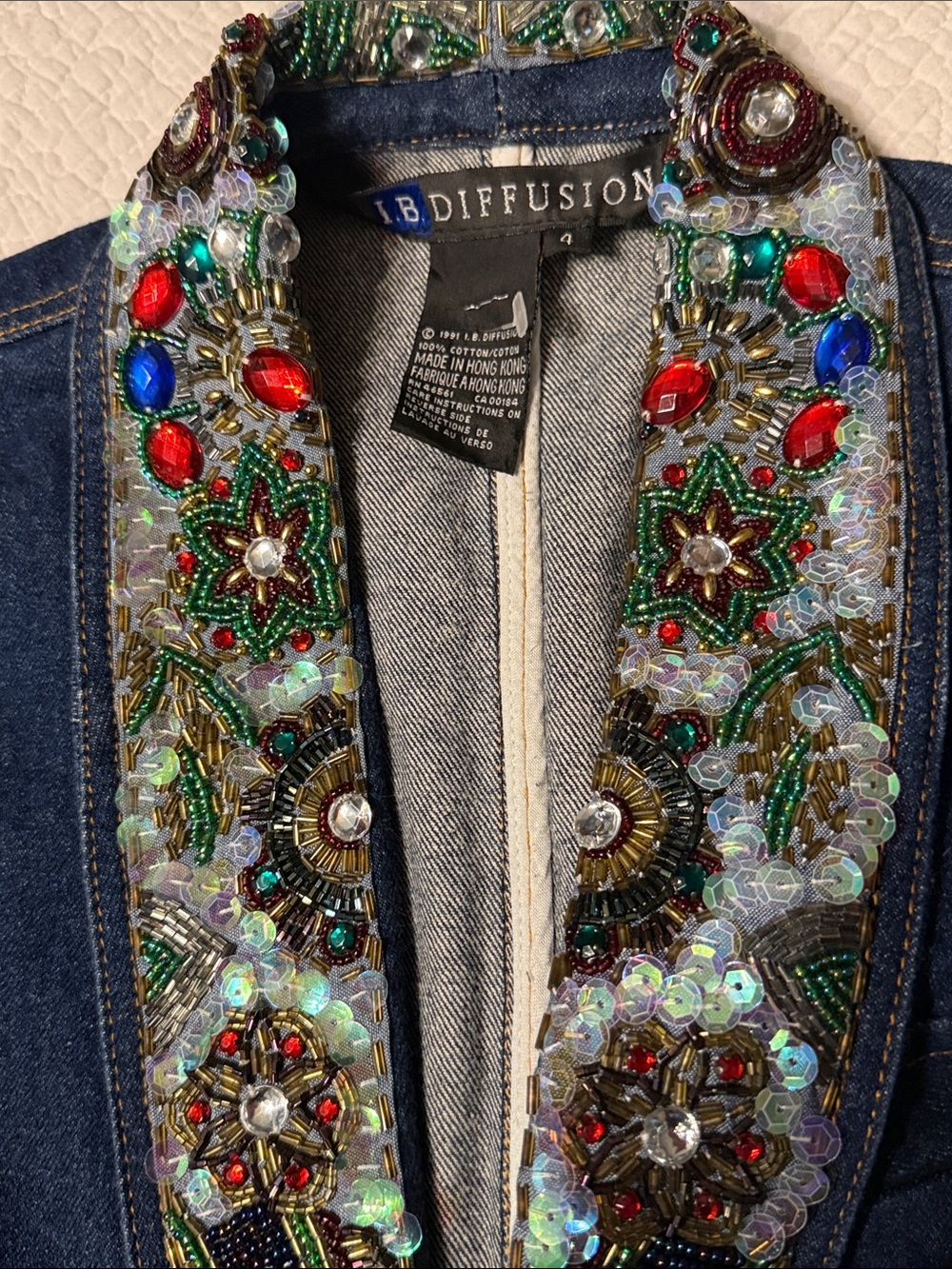 Vintage Embellished Shawl Collar Denim Blazer - Blue 4 - Picture 5 of 7
